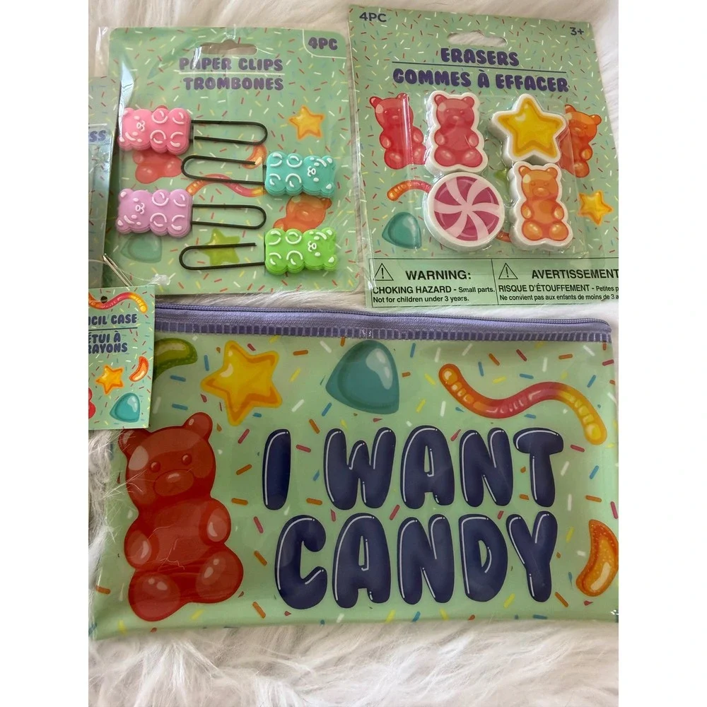 Gummy Bear Stationery Set Pencil Case Pen Sticky Notes Erasers Clips 6pc Bundle